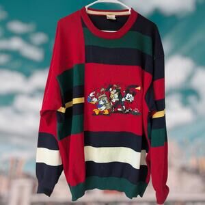 Vintage 90s Disney Store Stripe Sweater 2XL Mickey Mouse Donald Goofy Colorblock